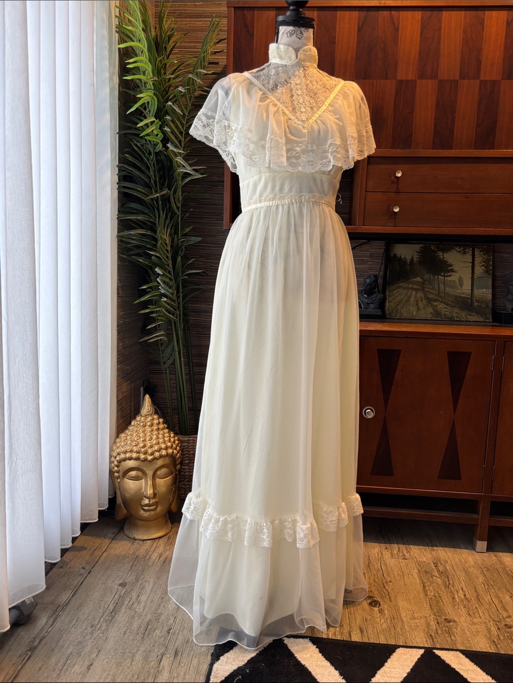 Vintage Ivory Lace Maxi Dress bridal gown organza sheer garden party wedding